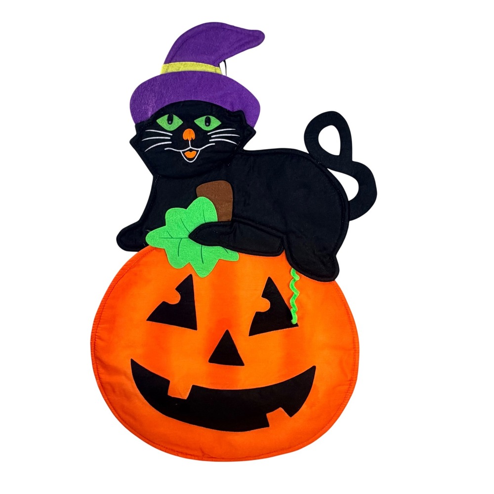 VTG Halloween Black Cat Witch Hat Pumpkin Wall Hanging Fabric Felt Door Sign